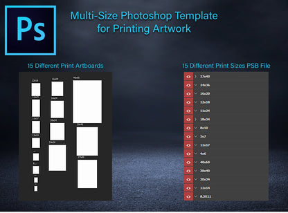 Multi-Size Photoshop Template for Printing Artwork - Instant Download 15 Different Print Sizes, Printing Template, Wall Art Template